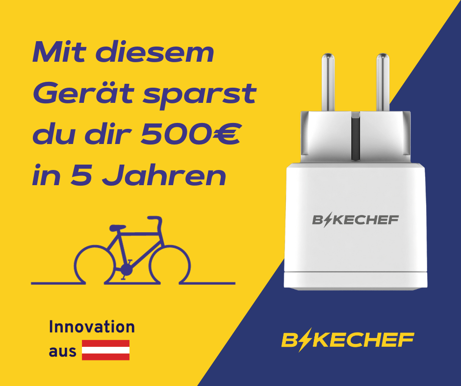 Bikechef Stecker und Text "Mit diesem Gerät sparst du dir 500€ in 5 Jahren"