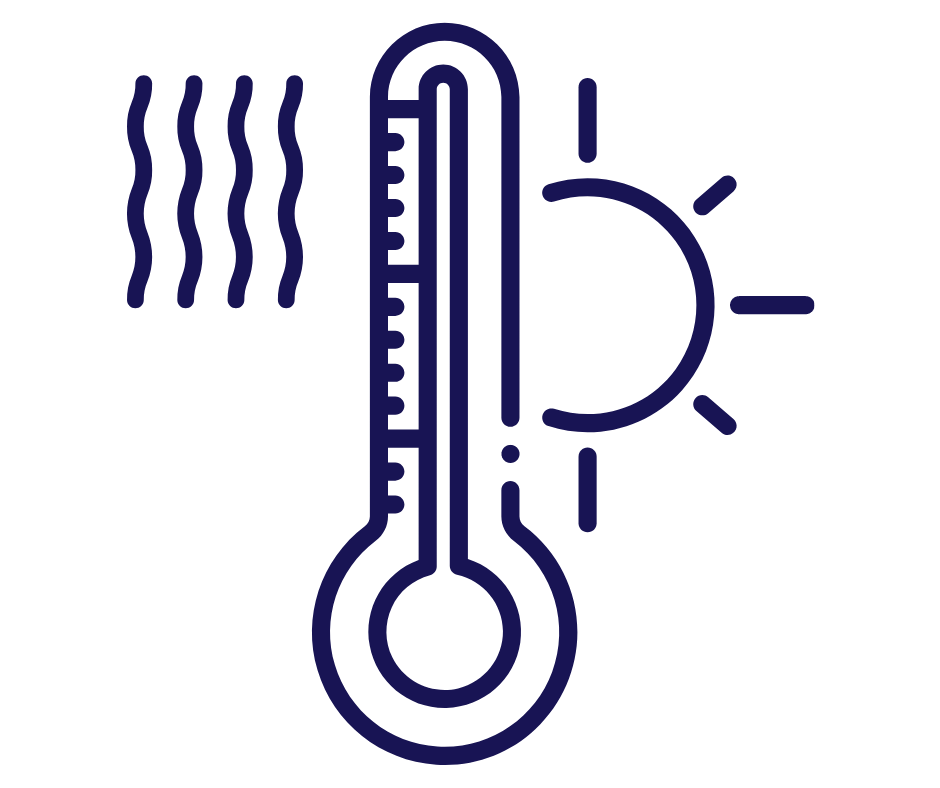 Hitzestrahlen links, ein Thermometer in der Mitte welches extrem hohe Temperaturen anzeigt und eine Sonne rechts welche hinter dem Thermometer hervorschaut.
